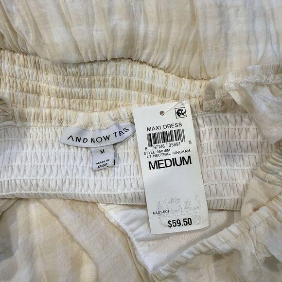 And Now This Sleeveless Maxi Dress Size Medium Gingham Print Ruffle Neutral New - Picture 10 of 12